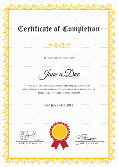 Graduation Completion Certificate Design Template in PSD, Word