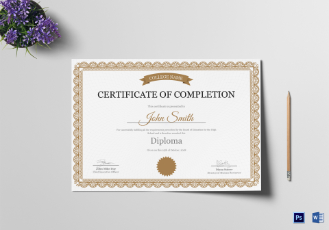 High School Completion Certificate Design Template in PSD, Word