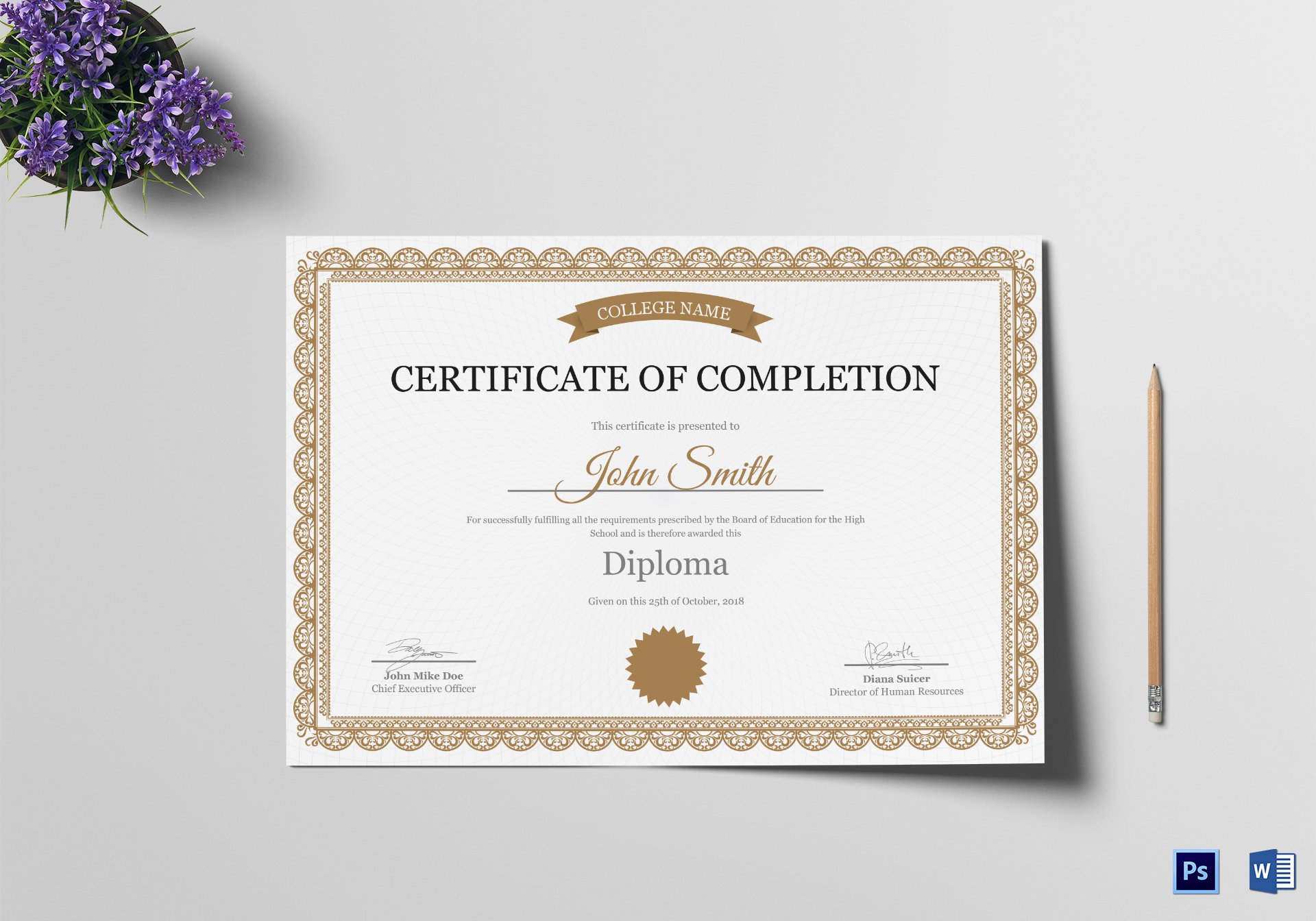 High School Completion Certificate Design Template In PSD Word