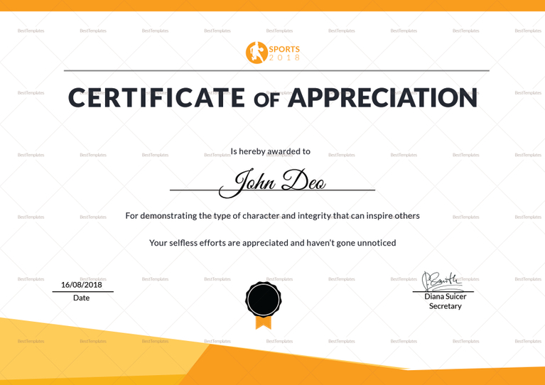 Sportsmanship Appreciation Certificate Design Template In Psd Word