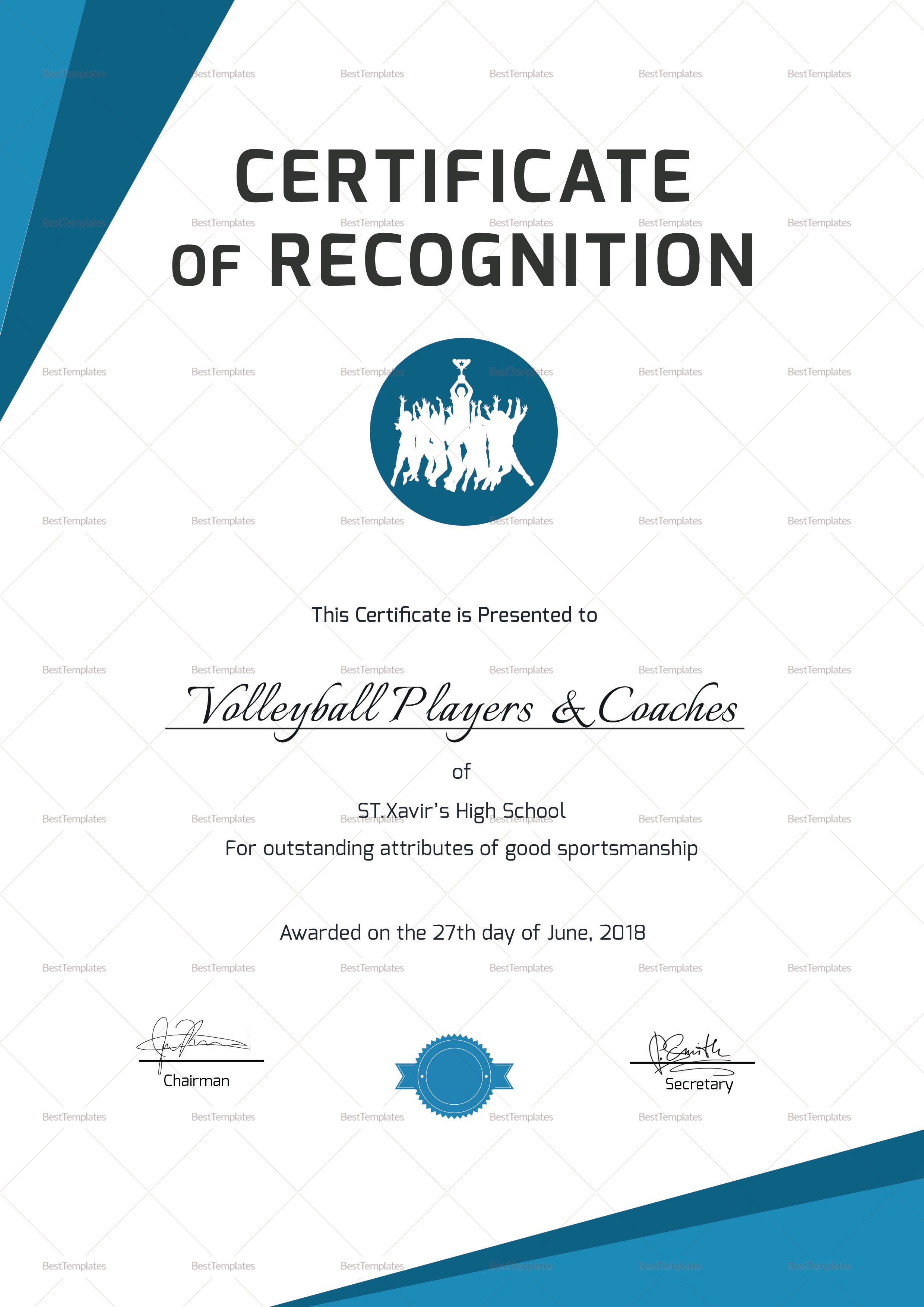 Sportsmanship Recognition Certificate Design Template in PSD, Word
