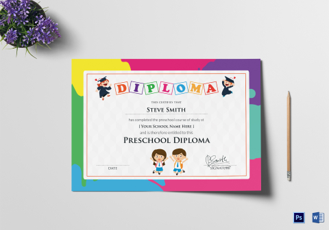 Preschool Diploma Certificate Design Template in PSD, Word