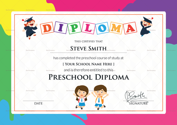 Preschool Diploma Certificate Design Template in PSD, Word