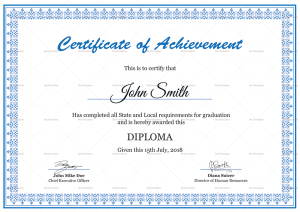 Diploma Achievement Certificate Design Template in PSD, Word