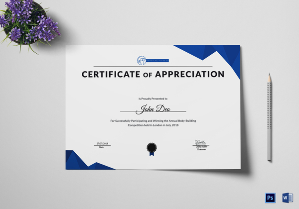 Physical Fitness Appreciation Certificate Design Template in PSD, Word