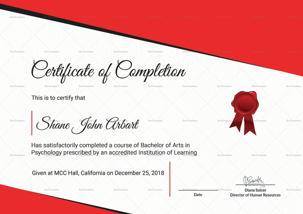 Bachelor of Arts Completion Certificate Design Template in PSD. Word