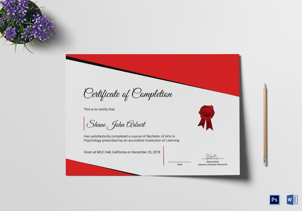 Bachelor of Arts Completion Certificate Design Template in PSD. Word