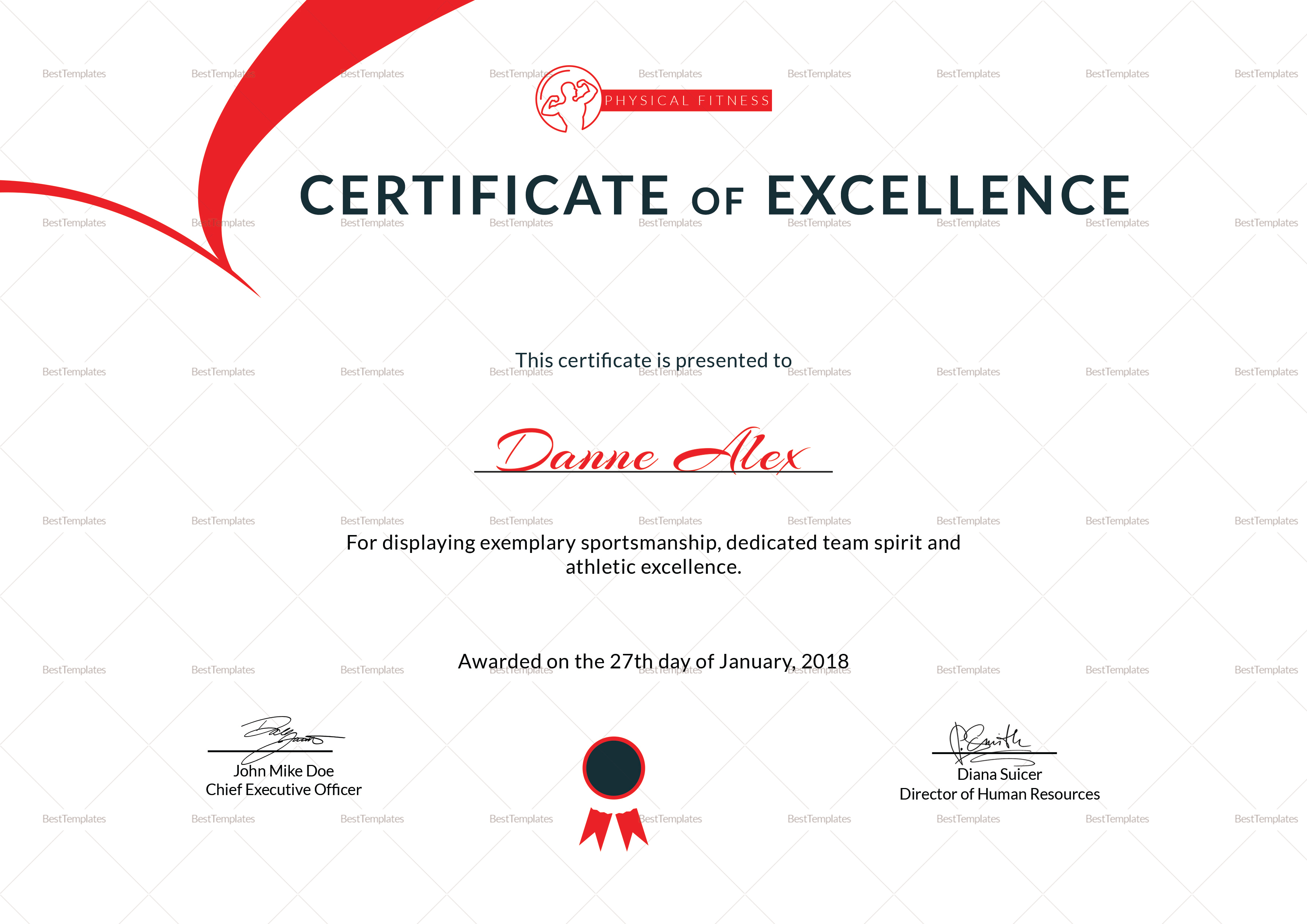 Physical Fitness Excellence Certificate Design Template in PSD, Word