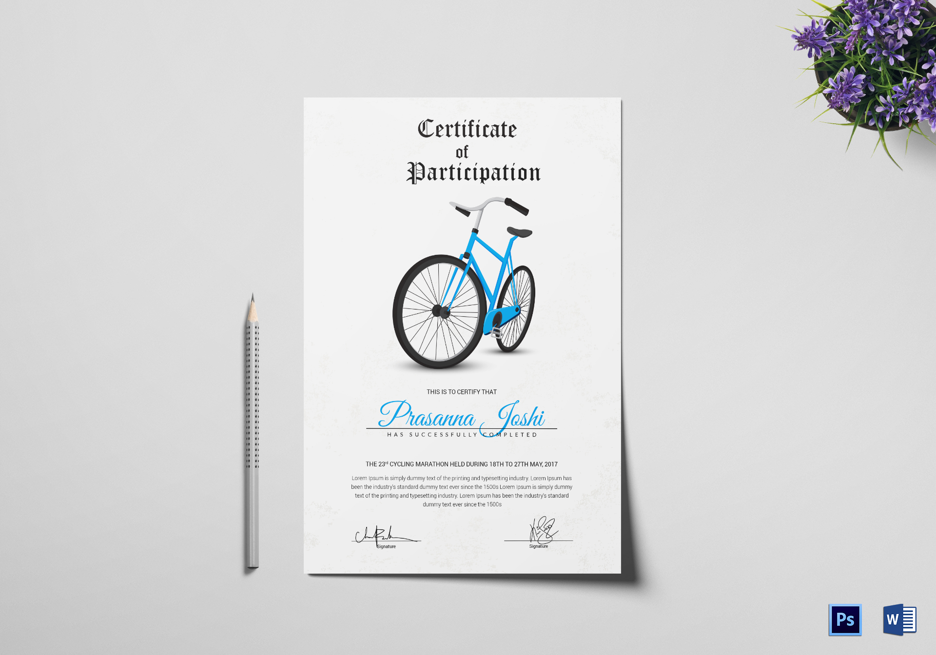 Participation Certificate for Cycling Design Template in PSD, Word
