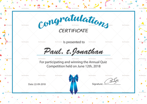 Simple Participant Congratulations Certificate Design Template in PSD, Word