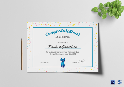 Simple Participant Congratulations Certificate Design Template in PSD, Word