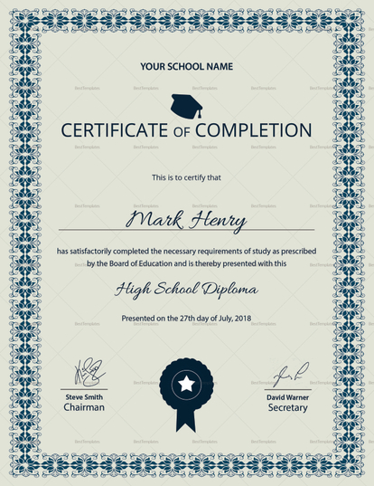 High School Diploma Completion Certificate Design Template in PSD, Word