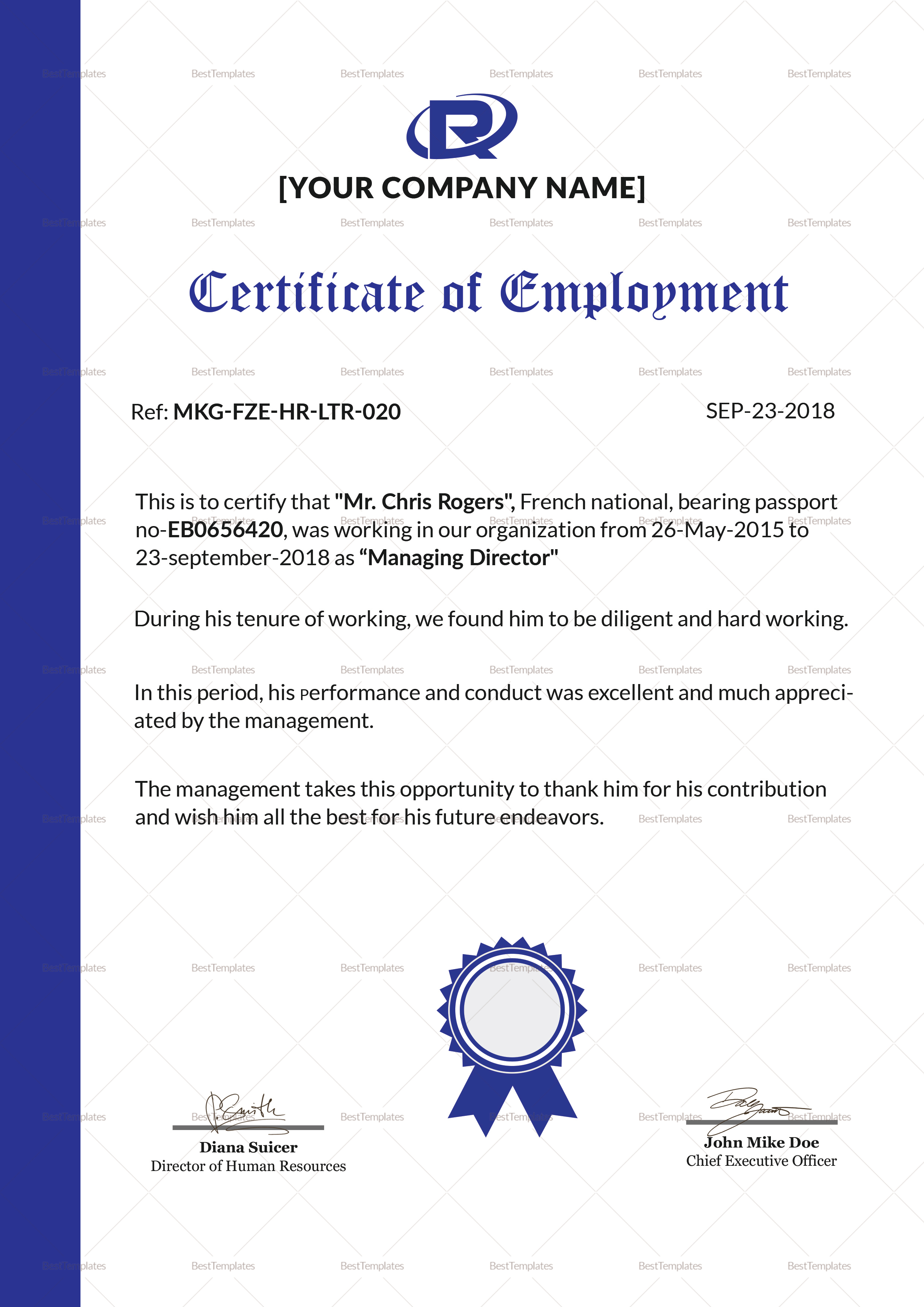 Sample Employment Certificate Template