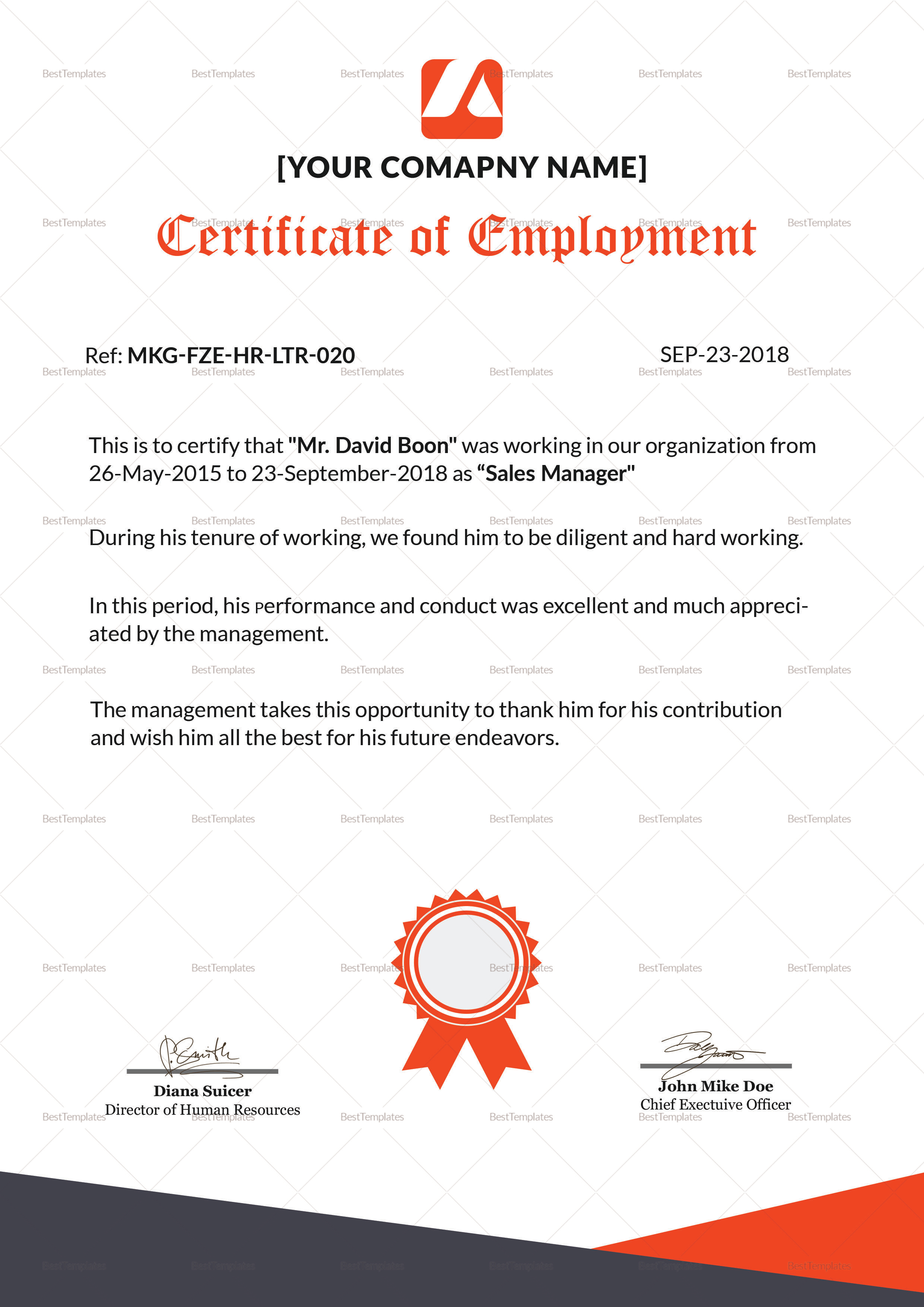 Talented Employment Certificate Design Template in PSD, Word