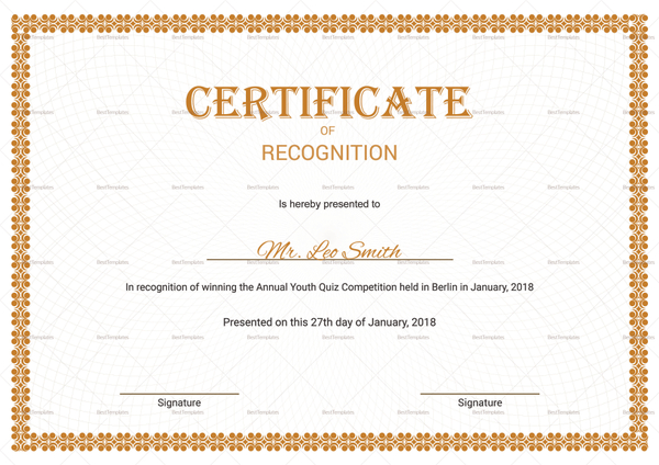 Recognition Certificate Design Template in PSD, Word