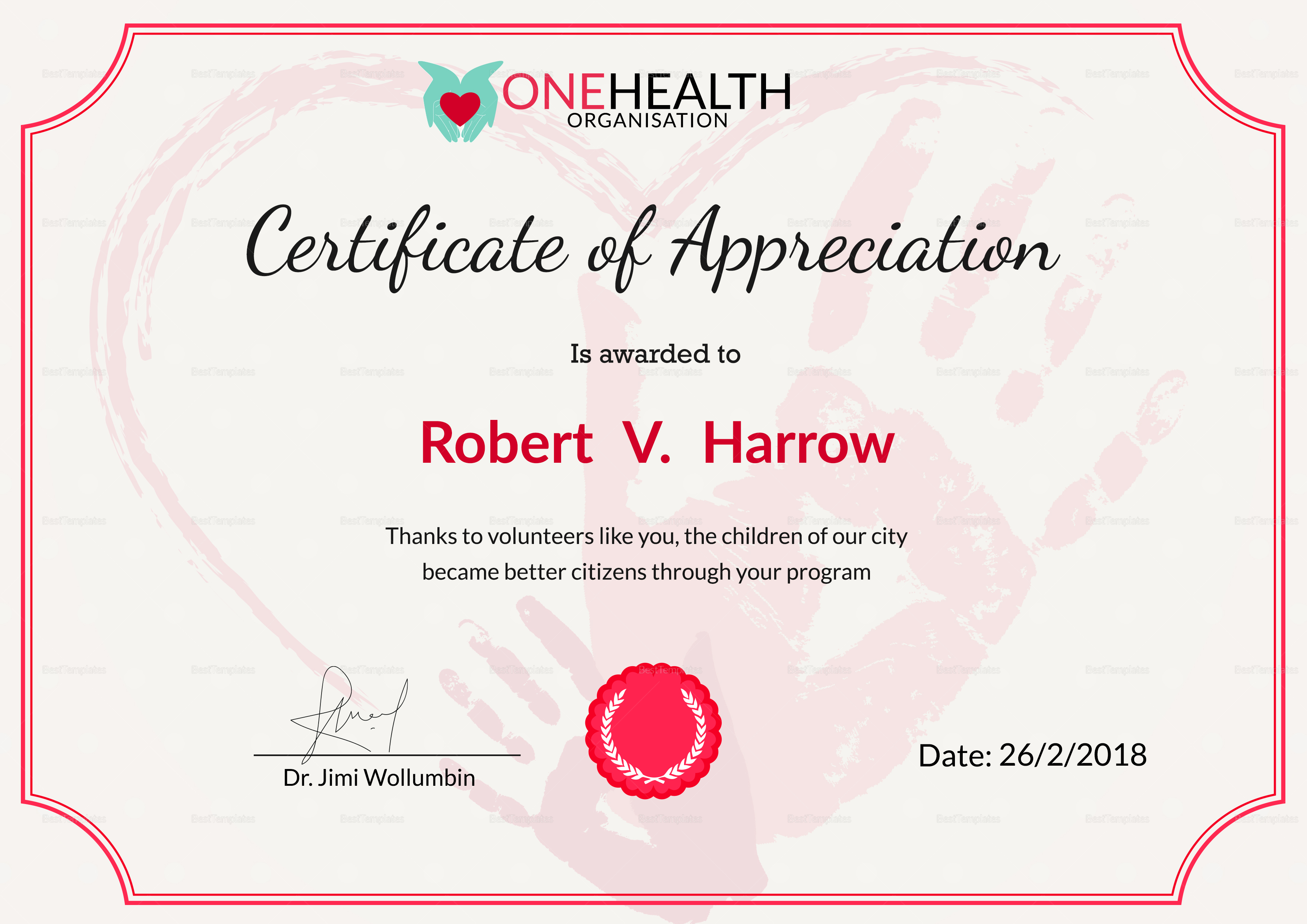 Health Appreciation Certificate Design Template