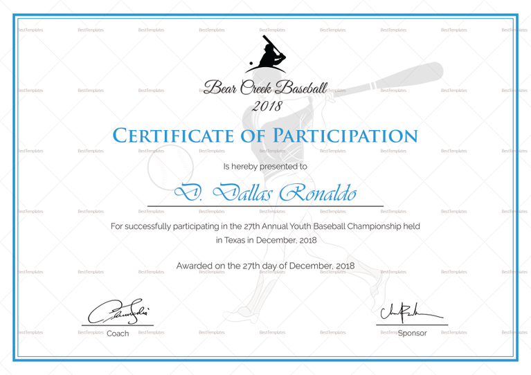 Baseball Participation Certificate Design Template in PSD, Word