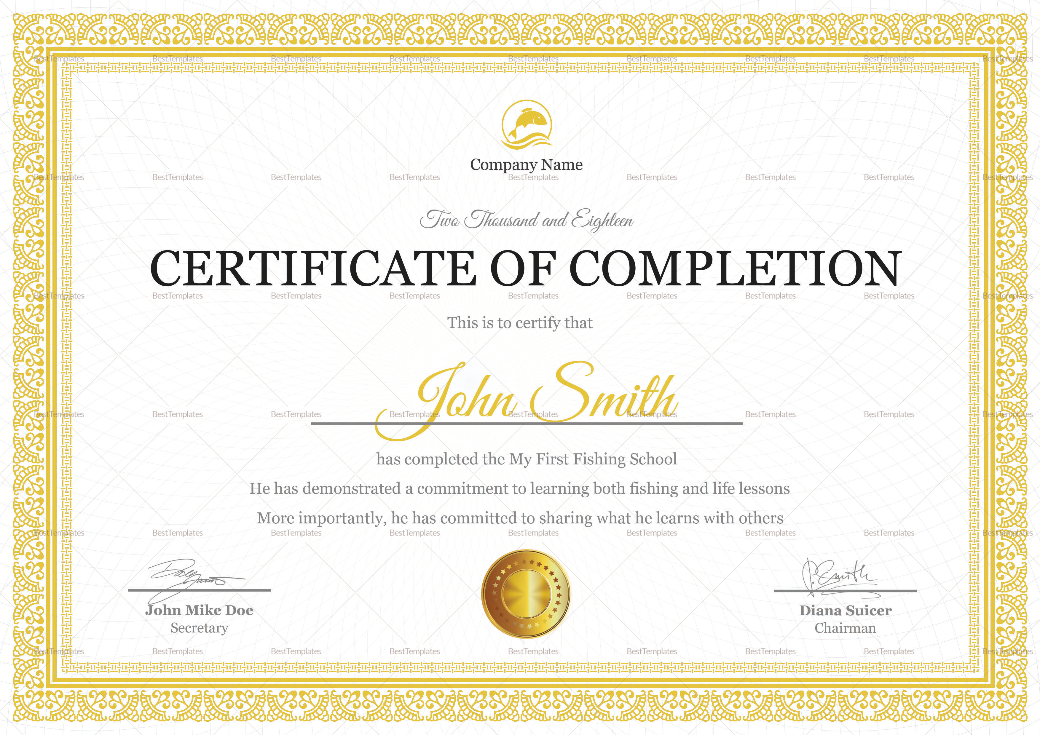 Fishing Completion Certificate Design Template in PSD, Word