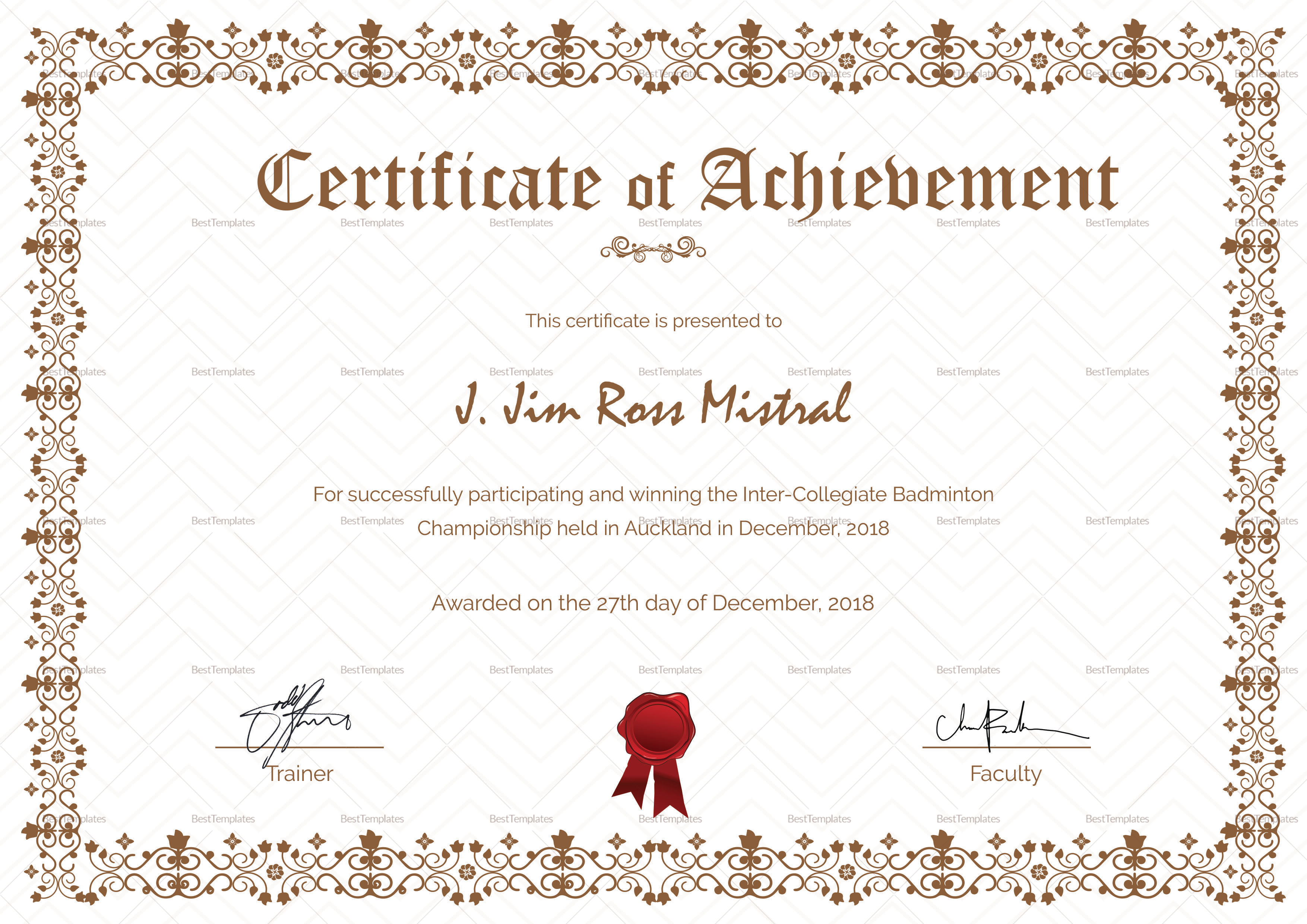 Badminton Participation Achievement Certificate Design Template in PSD