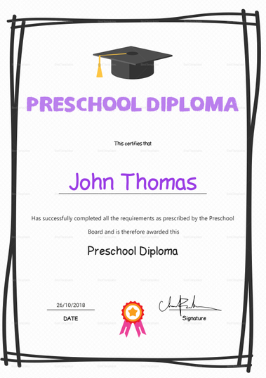 Elegant Preschool Diploma Certificate Design Template in PSD, Word