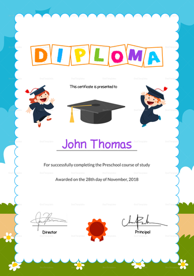 Preschool Diploma Graduation Certificate Design Template in PSD, Word