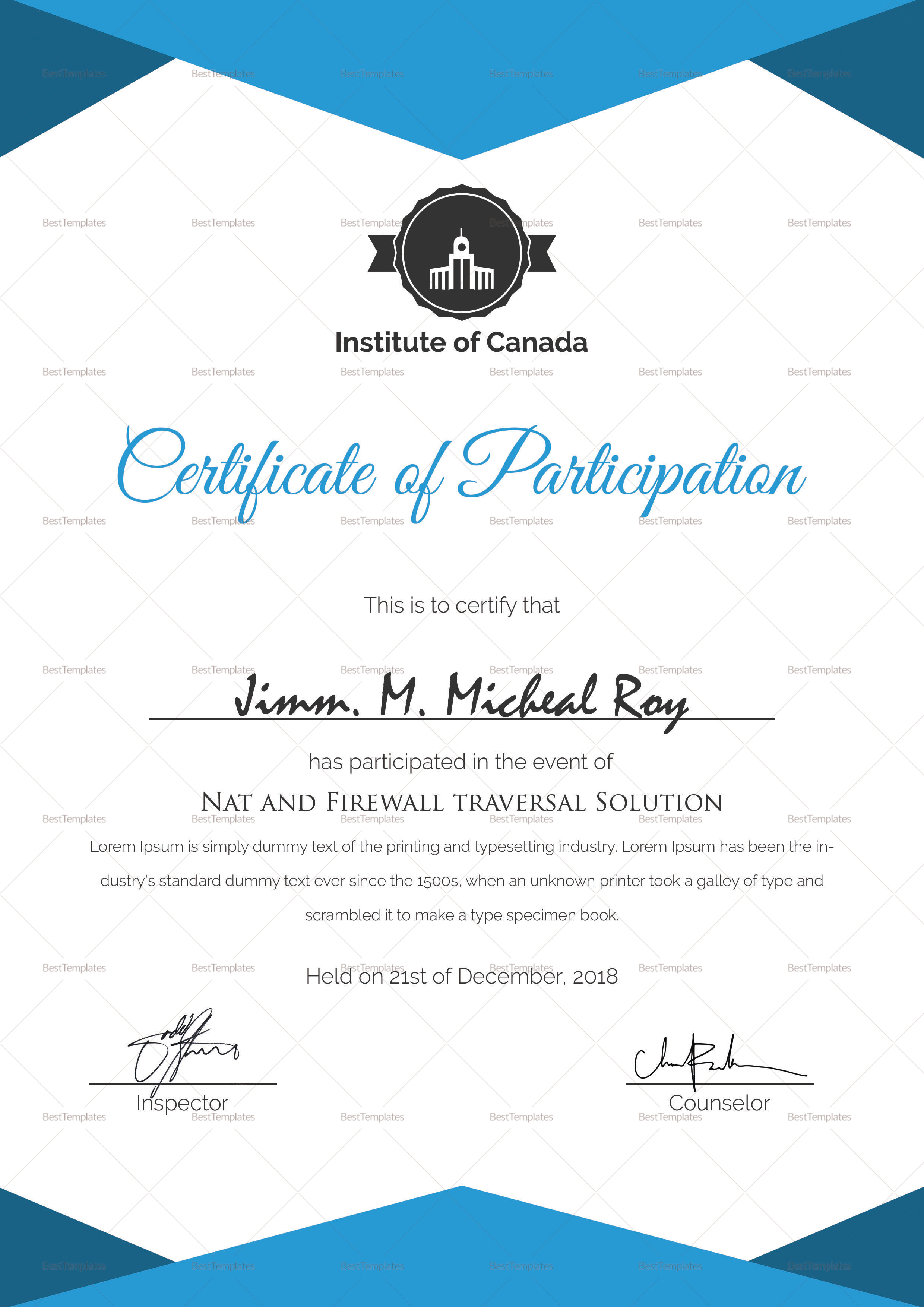 Sample Certificate of Participation Template in PSD, Word