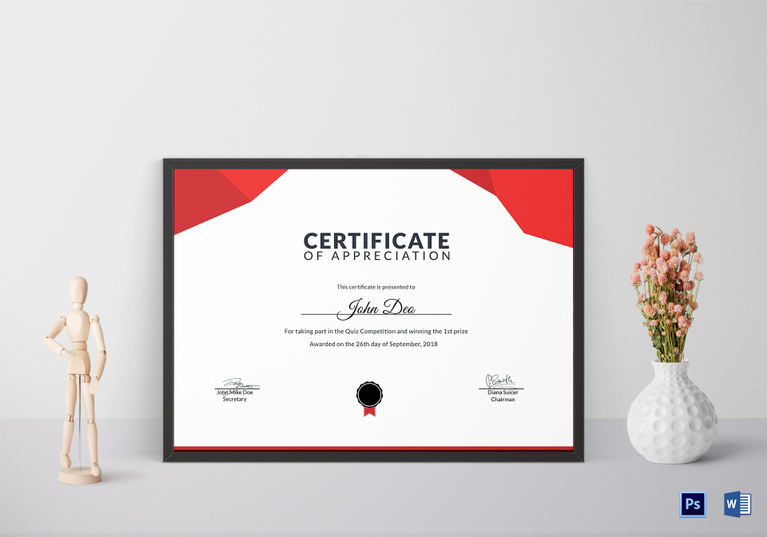 Prize Appreciation Certificate Design Template in PSD, Word