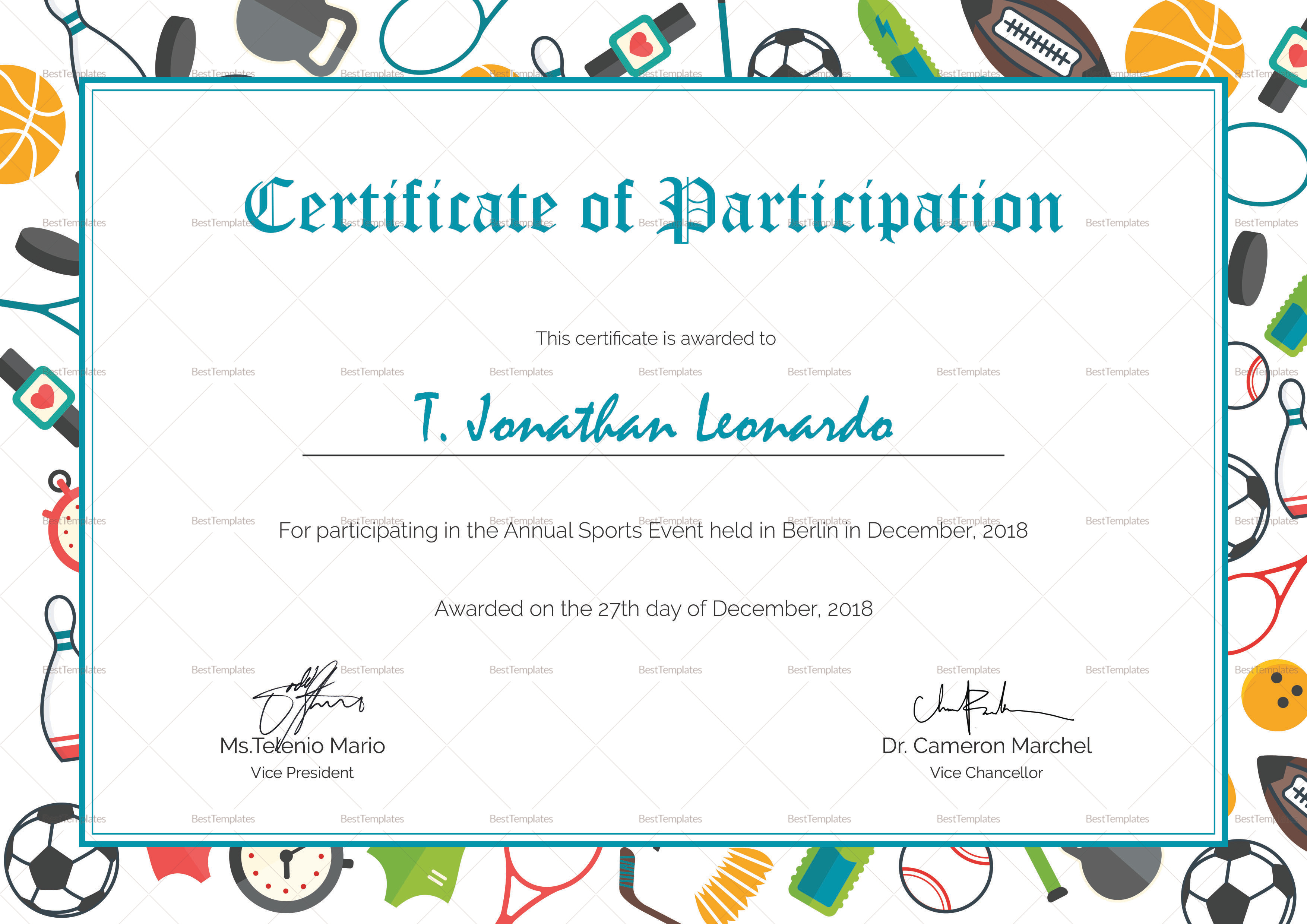 Sports Participation Certificate Design Template in PSD Word