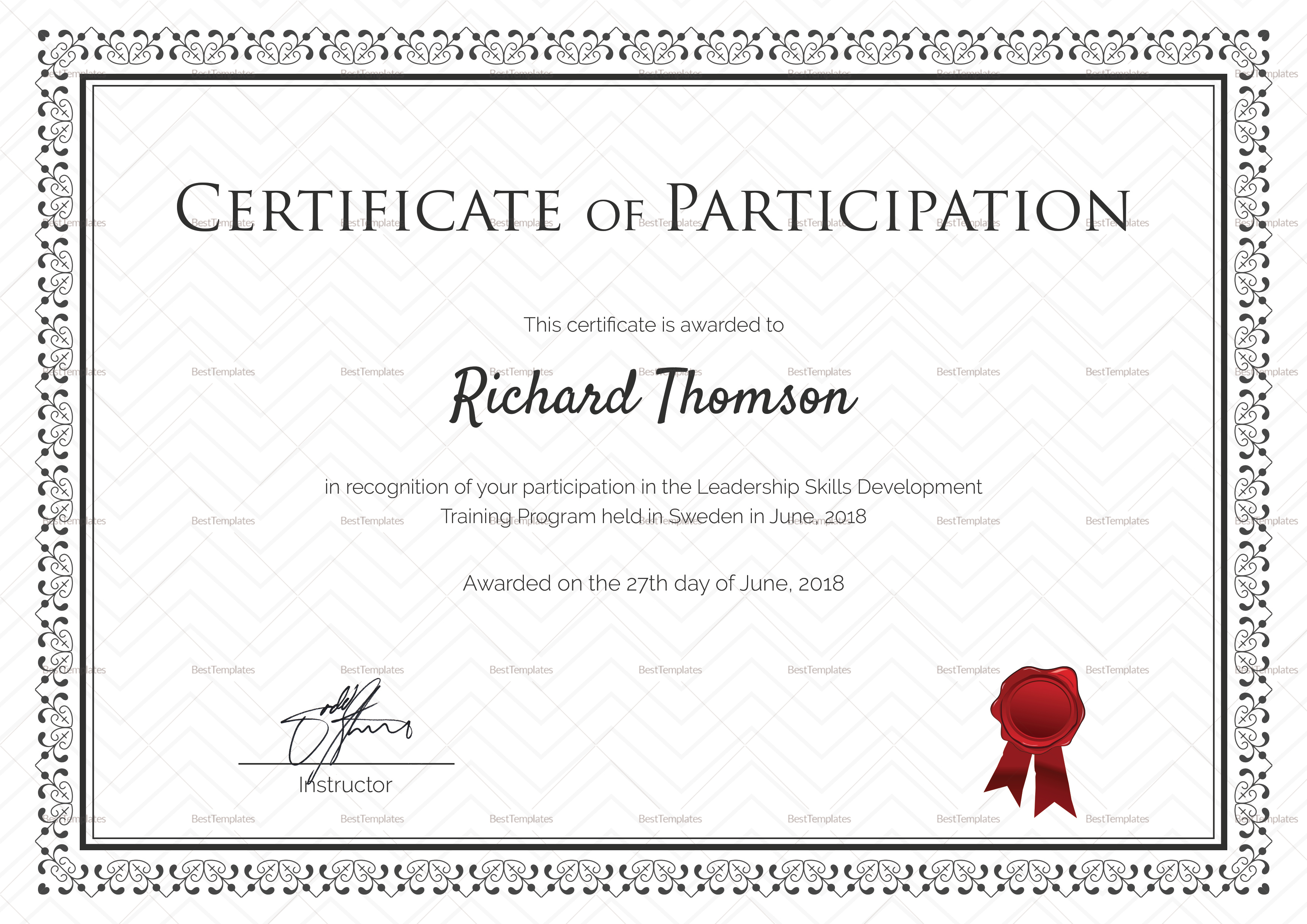 Training Participation Certificate Design Template In PSD Word