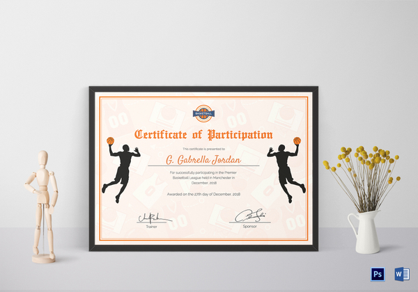 Certificate of Basketball Participation Design Template in PSD, Word