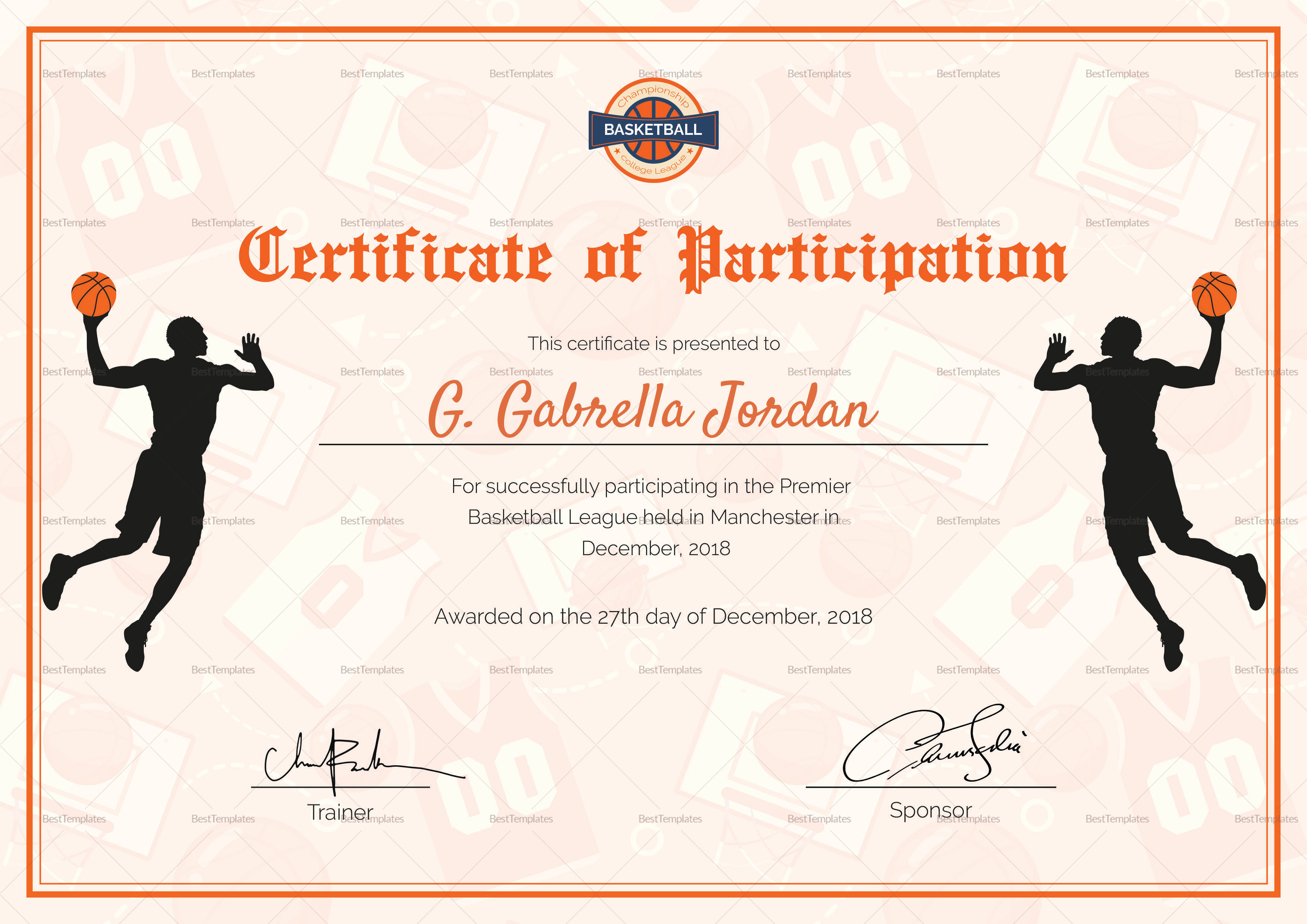 Certificate of Basketball Participation Design Template in PSD Word