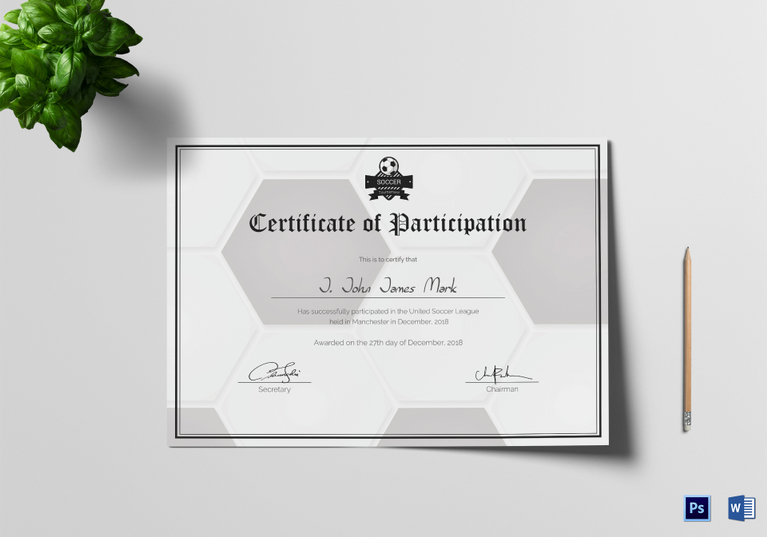 Soccer Participation Certificate Design Template in PSD, Word