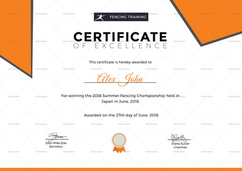 Fencing Excellence Certificate Design Template in PSD Word