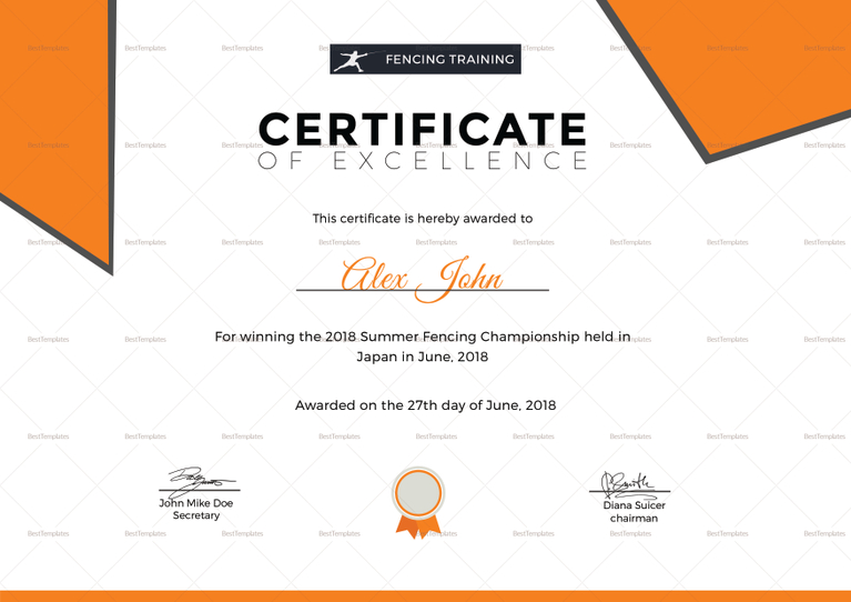 Fencing Excellence Certificate Design Template in PSD, Word