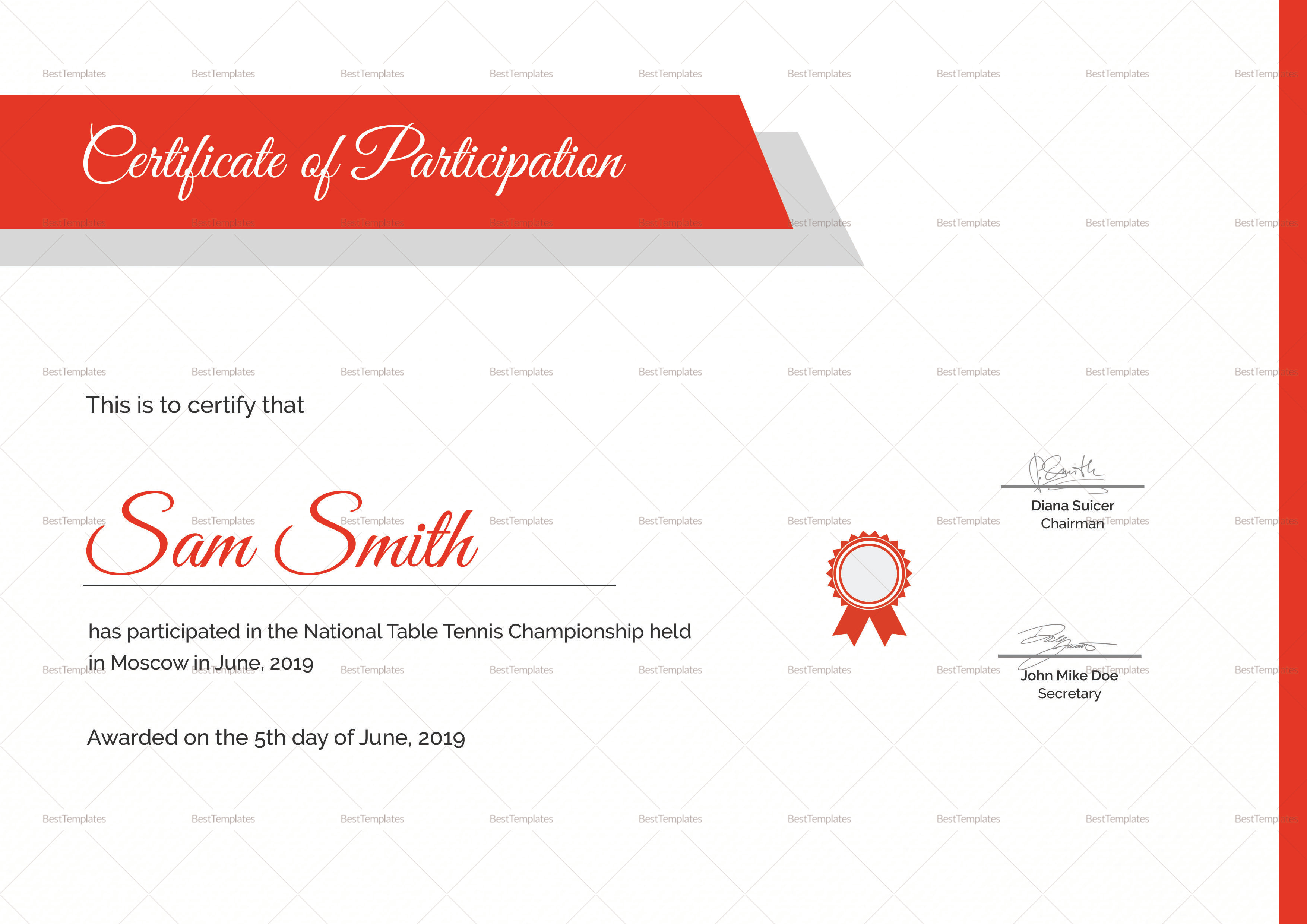 Table Tennis Participation Certificate Design Template in PSD, Word