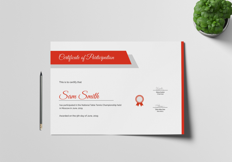 Table Tennis Participation Certificate Design Template in PSD, Word