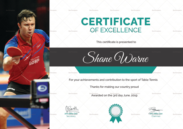Table Tennis Excellence Certificate Design Template in PSD, Word