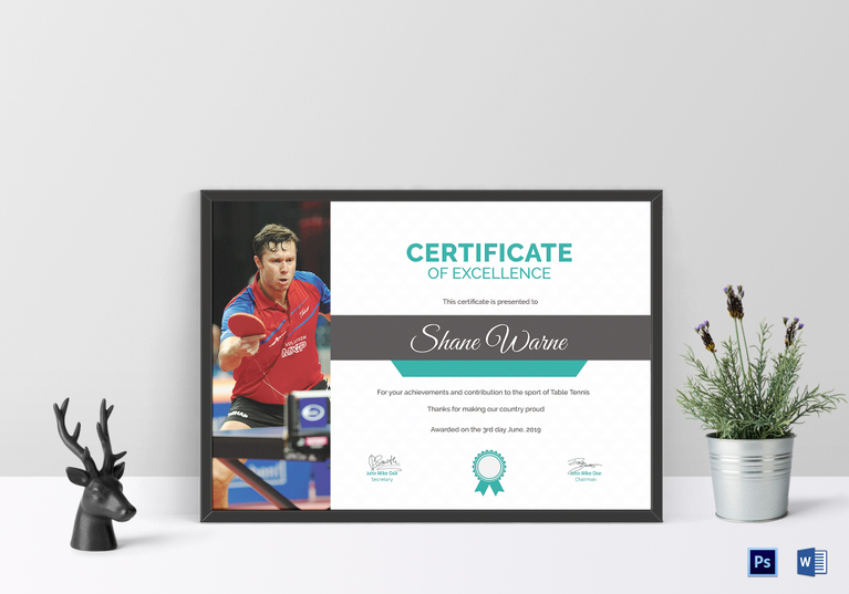 Table Tennis Excellence Certificate Design Template in PSD, Word
