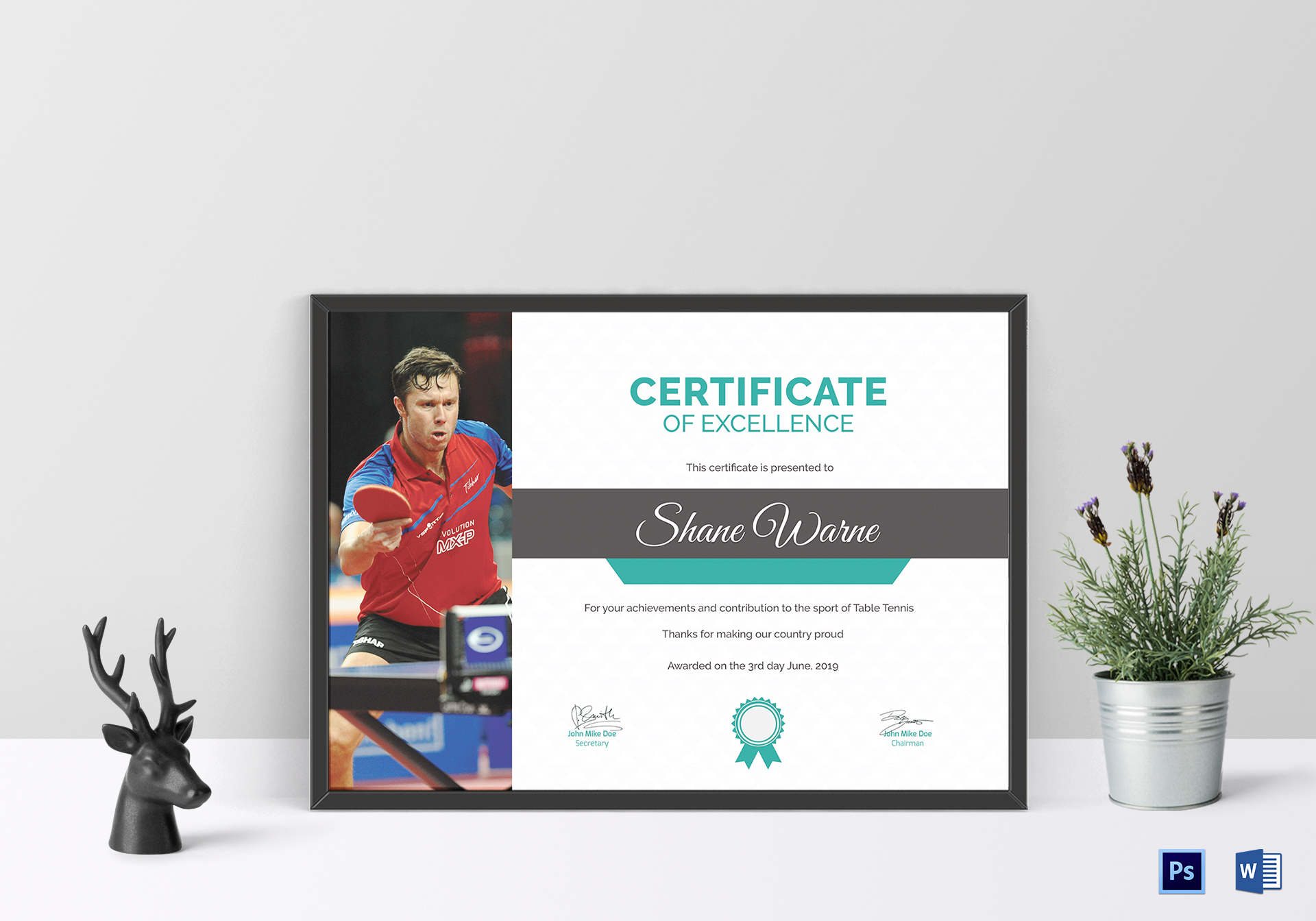 Table Tennis Excellence Certificate Design Template in PSD, Word 