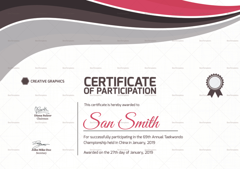 Taekwondo Participation Certificate Design Template in PSD, Word