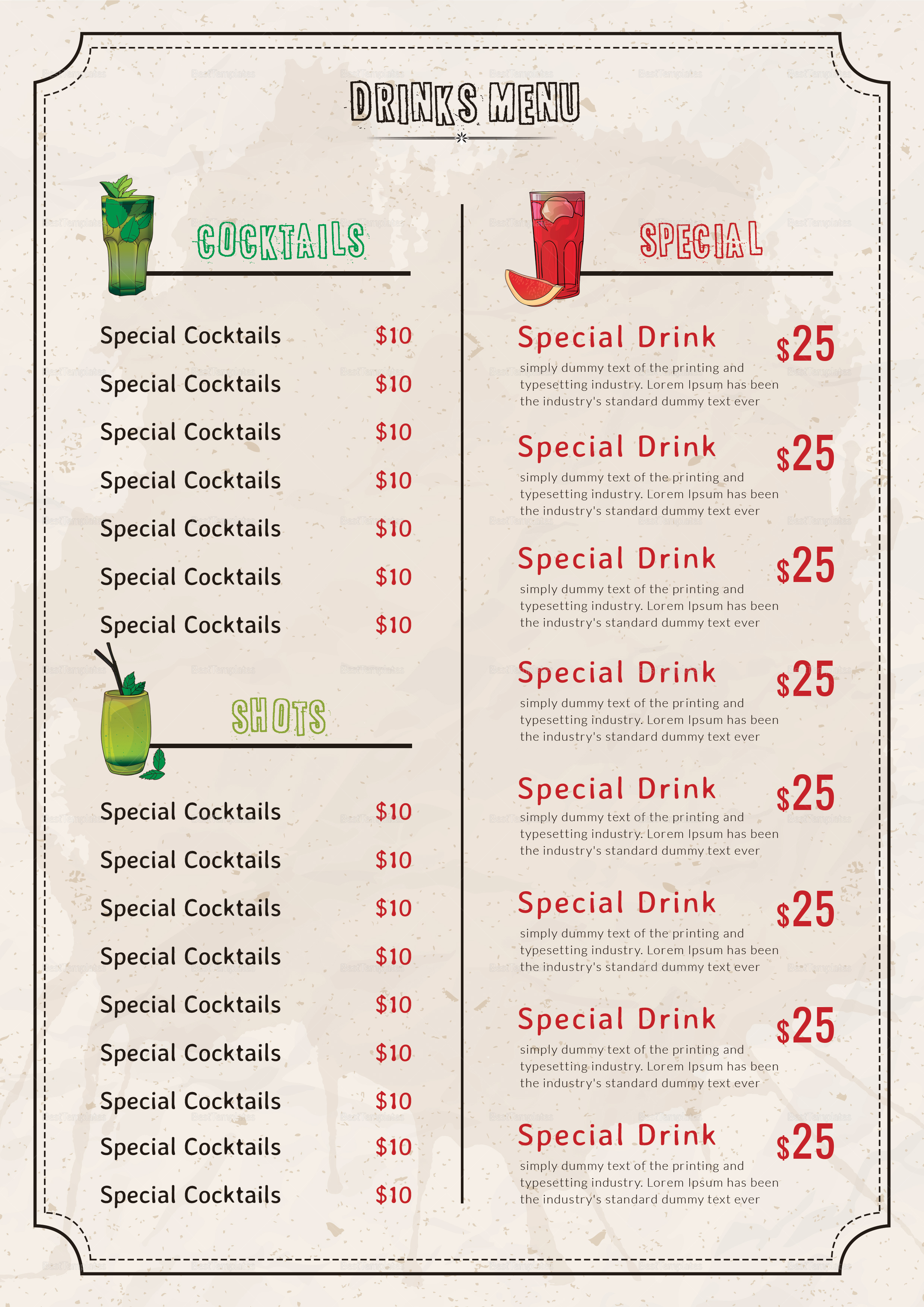 Bar Drink Menu Design Template in PSD, Word, Publisher