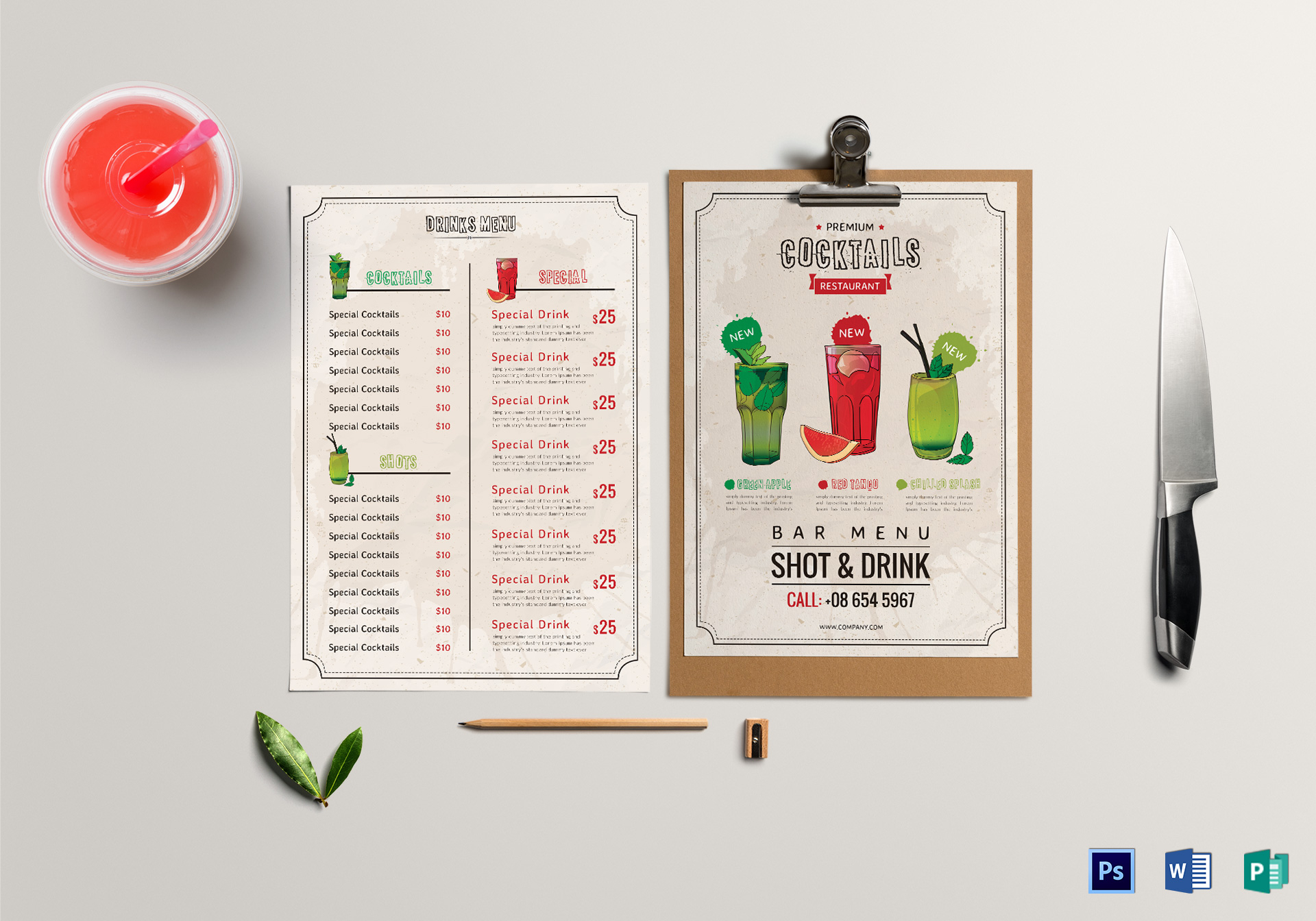 Bar Drink Menu Design Template in PSD, Word, Publisher