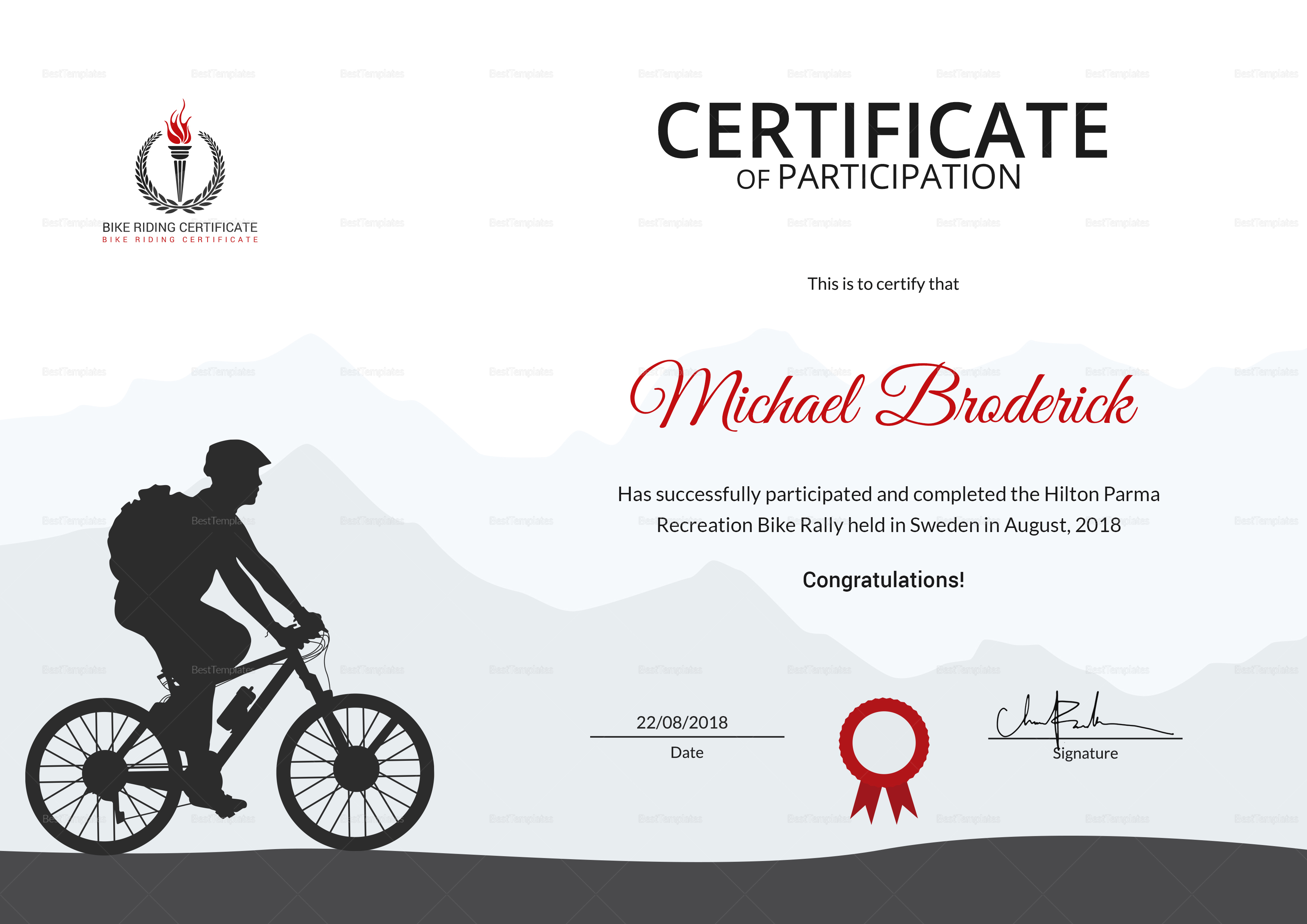 Off Road Bike Riding Participation Certificate Template