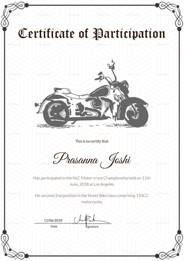 Classic Motocross Participation Certificate Design Template in PSD, Word