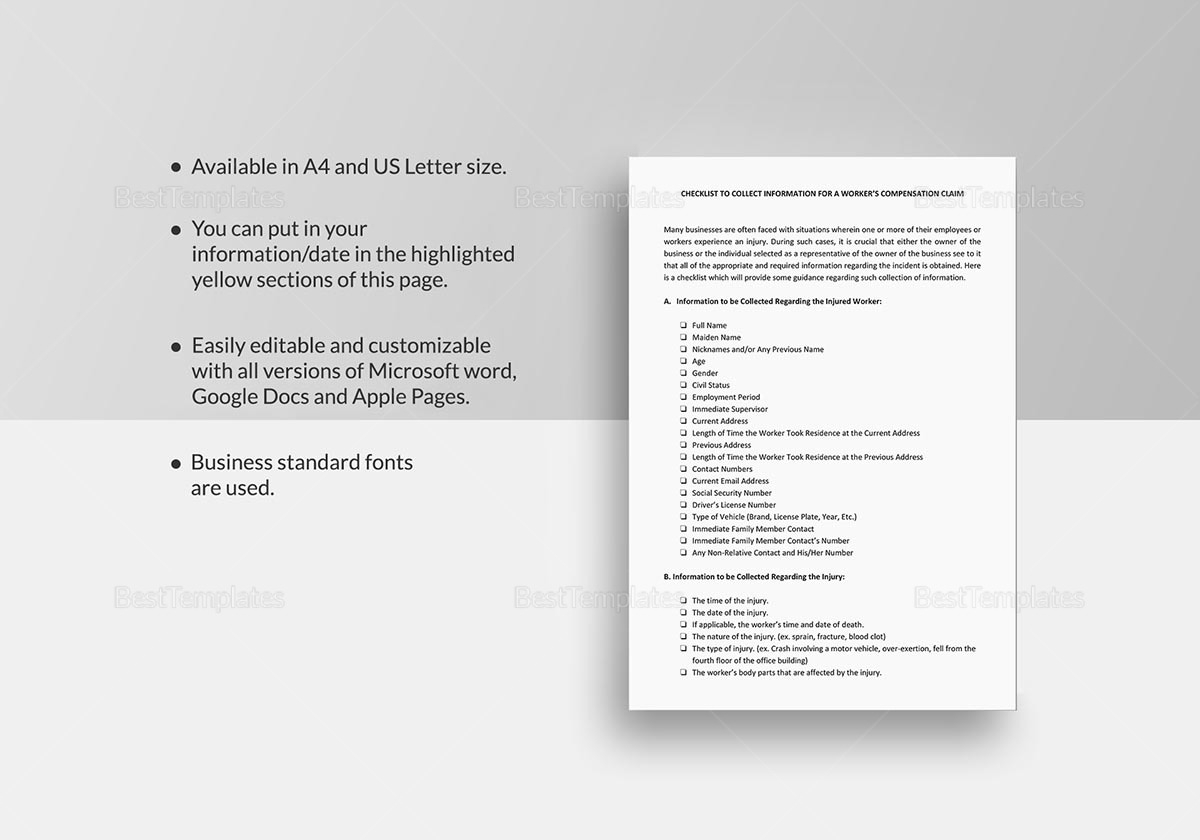 Checklist Worker's Compensation Claims Template in Word, Google Docs ...