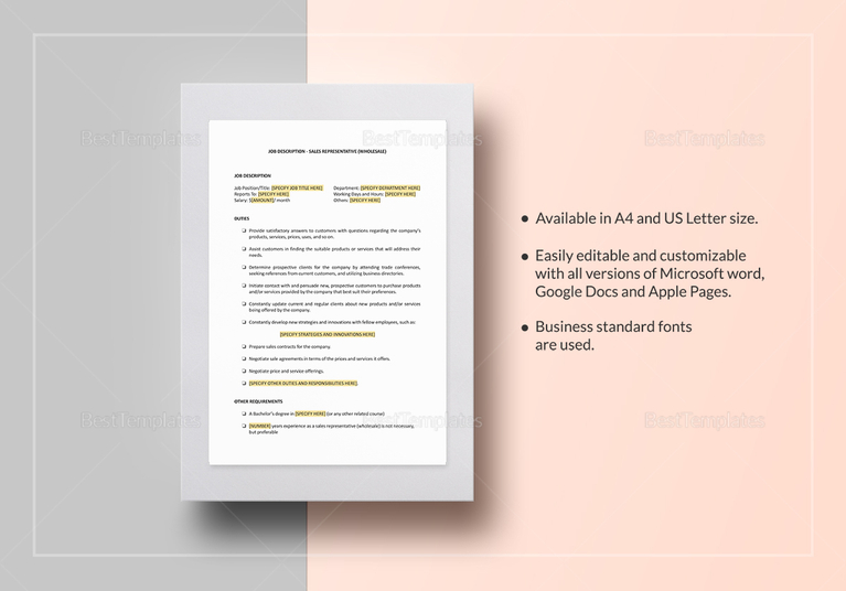 Sales Representative Wholesale Job Description Template in Word, Google