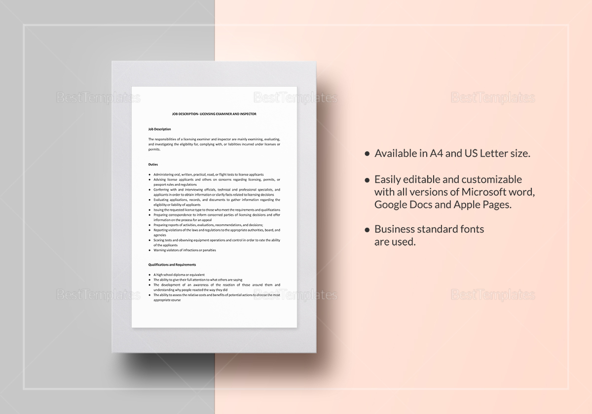 Licensing Examiner and Inspector Job Description Template