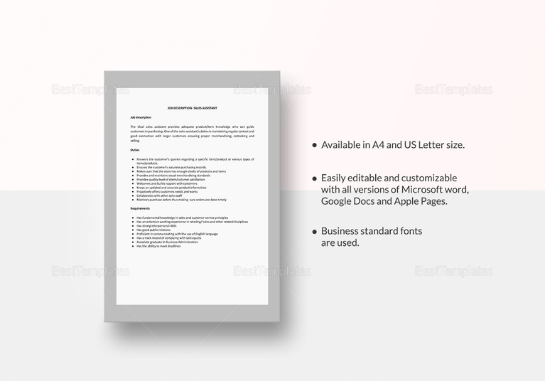 Sales Assistant Job Description Template in Word, Google Docs, Apple Pages