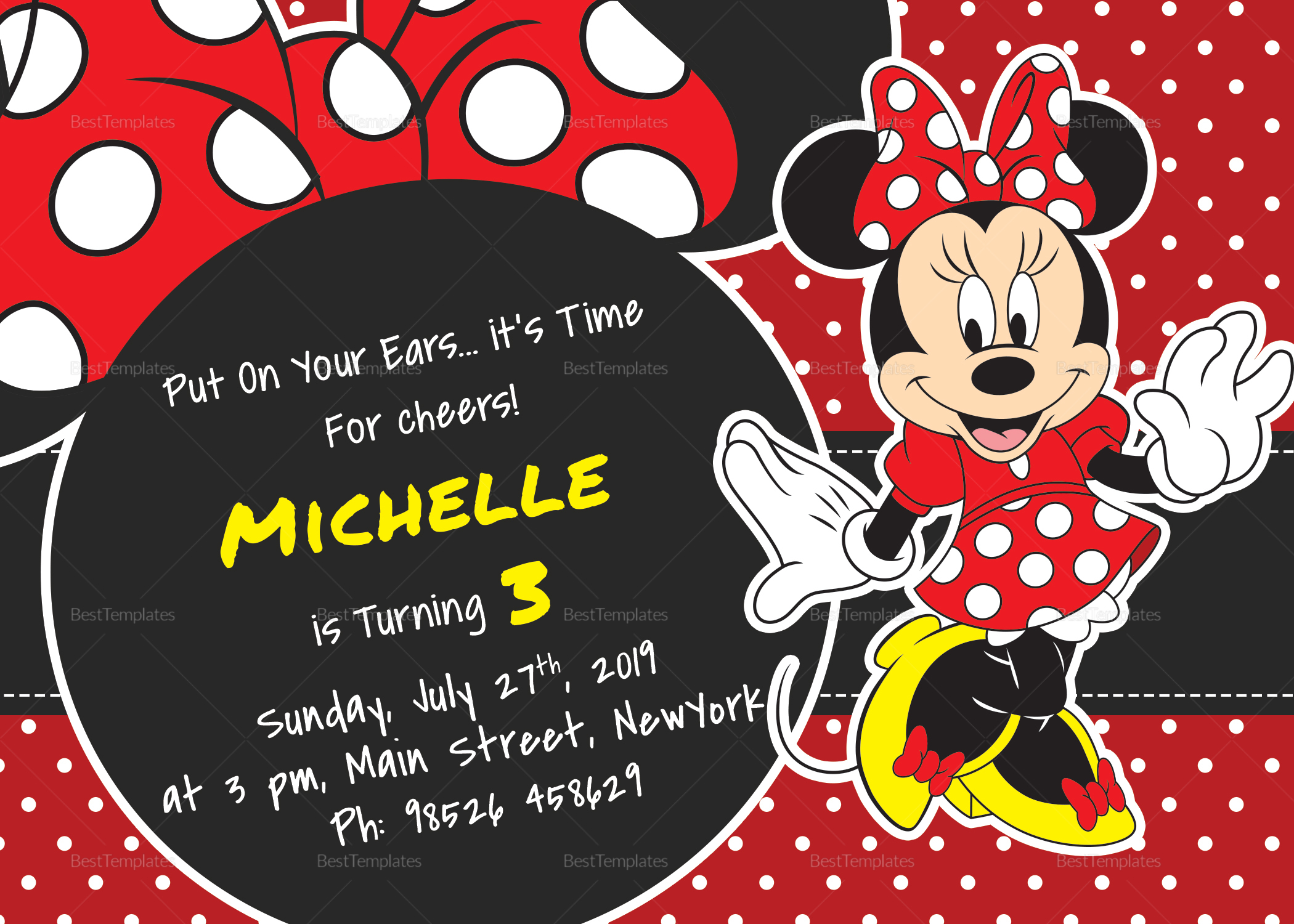 Rocking Minnie Mouse Birthday Invitation Card Design Template in With Regard To Minnie Mouse Card Templates