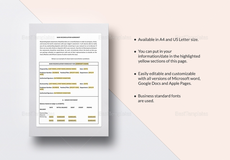 Bank Reconciliation Worksheet Template in Word, Google Docs, Apple Pages